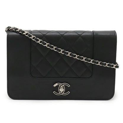 Chanel Mademoiselle Matelasse Chain Wallet Shoulder Bag Pochette Leather Black A80972