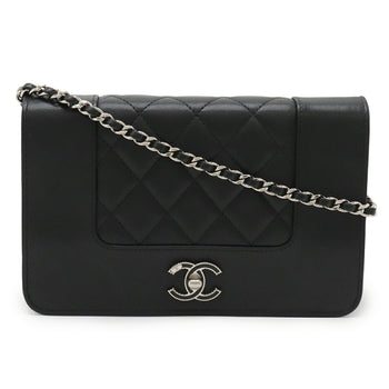 Chanel Mademoiselle Matelasse Chain Wallet Shoulder Bag Pochette Leather Black A80972