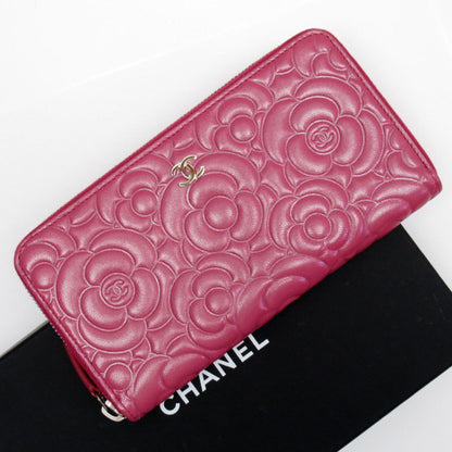 Chanel Round Long Wallet Camellia Leather Pink