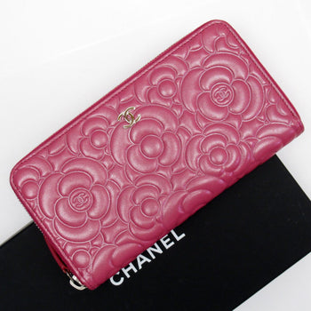 Chanel Round Long Wallet Camellia Leather Pink