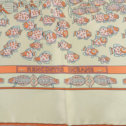 Hermes Scarf/Muffler Carre 90 Rencontre Oceane - Orange Multicolor 100% Silk