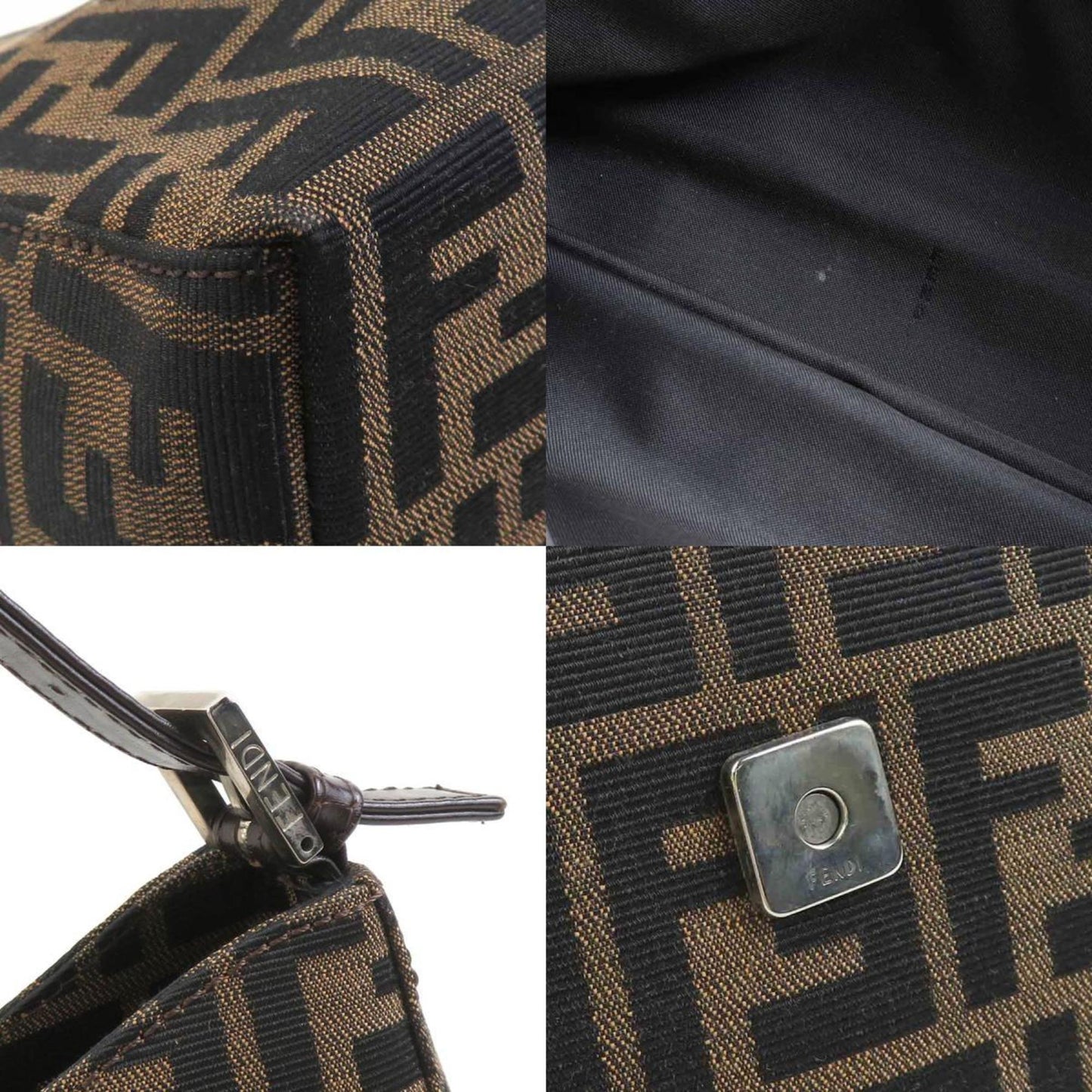 Fendi Shoulder Bag Zucca Canvas Leather Brown Silver