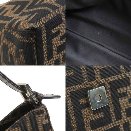 Fendi Shoulder Bag Zucca Canvas Leather Brown Silver