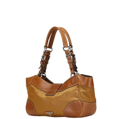 Prada Triangle Logo Plate Handbag Shoulder Bag Brown Nylon Leather