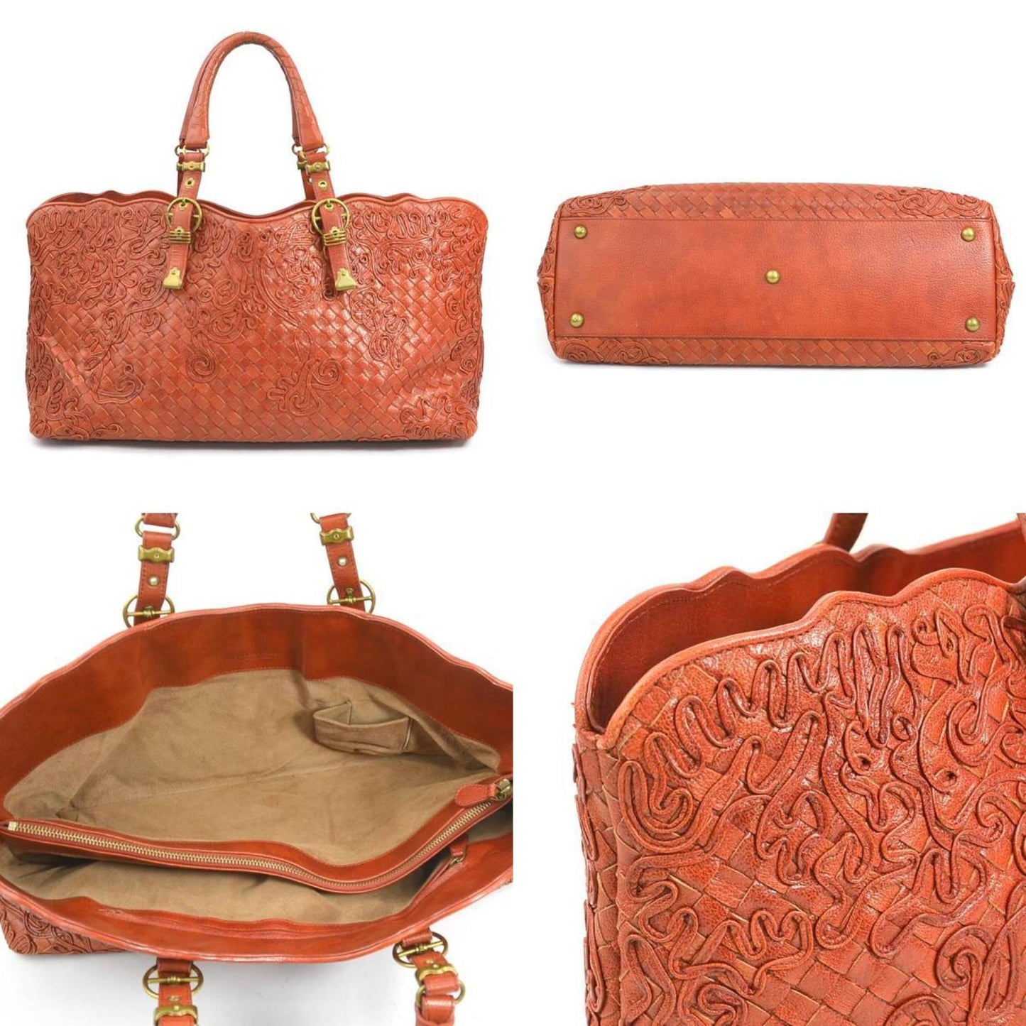 Bottega Veneta Intrecciato Leather Handbag In Orange Brown And Gold