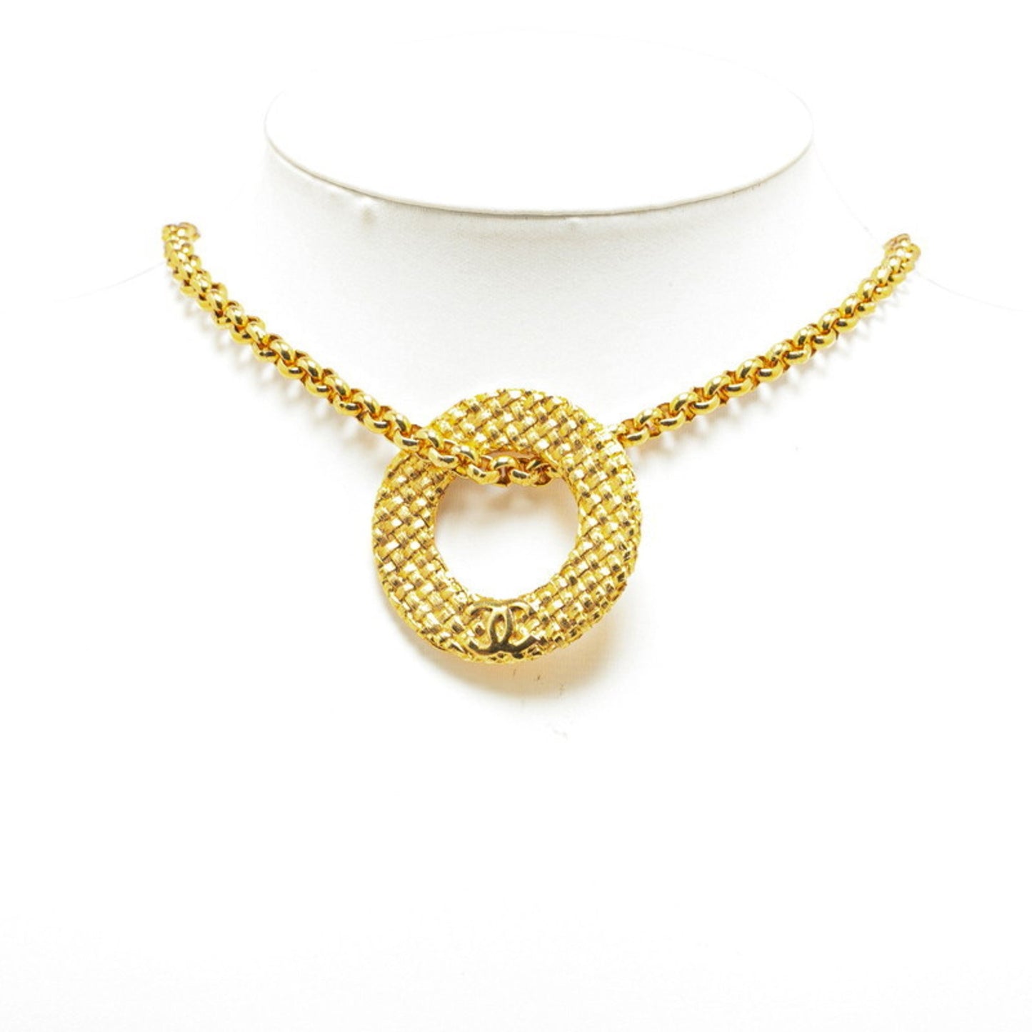 Chanel Coco Mark Chain Circle Pendant Necklace Gold Plated