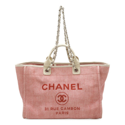 Chanel Deauville Tote Gm Bag Chain Shoulder Canvas Leather Pink White A66941