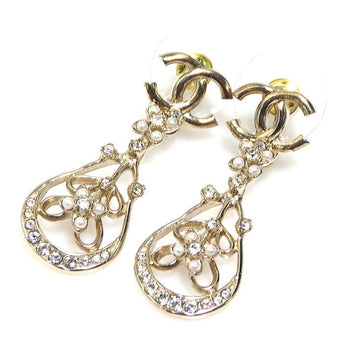 Chanel Coco Mark Metal Rhinestone Earrings Gold Silver White