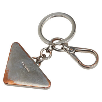 Prada Triangle Logo Plate Key Ring Keychain Silver Black Metal Leather