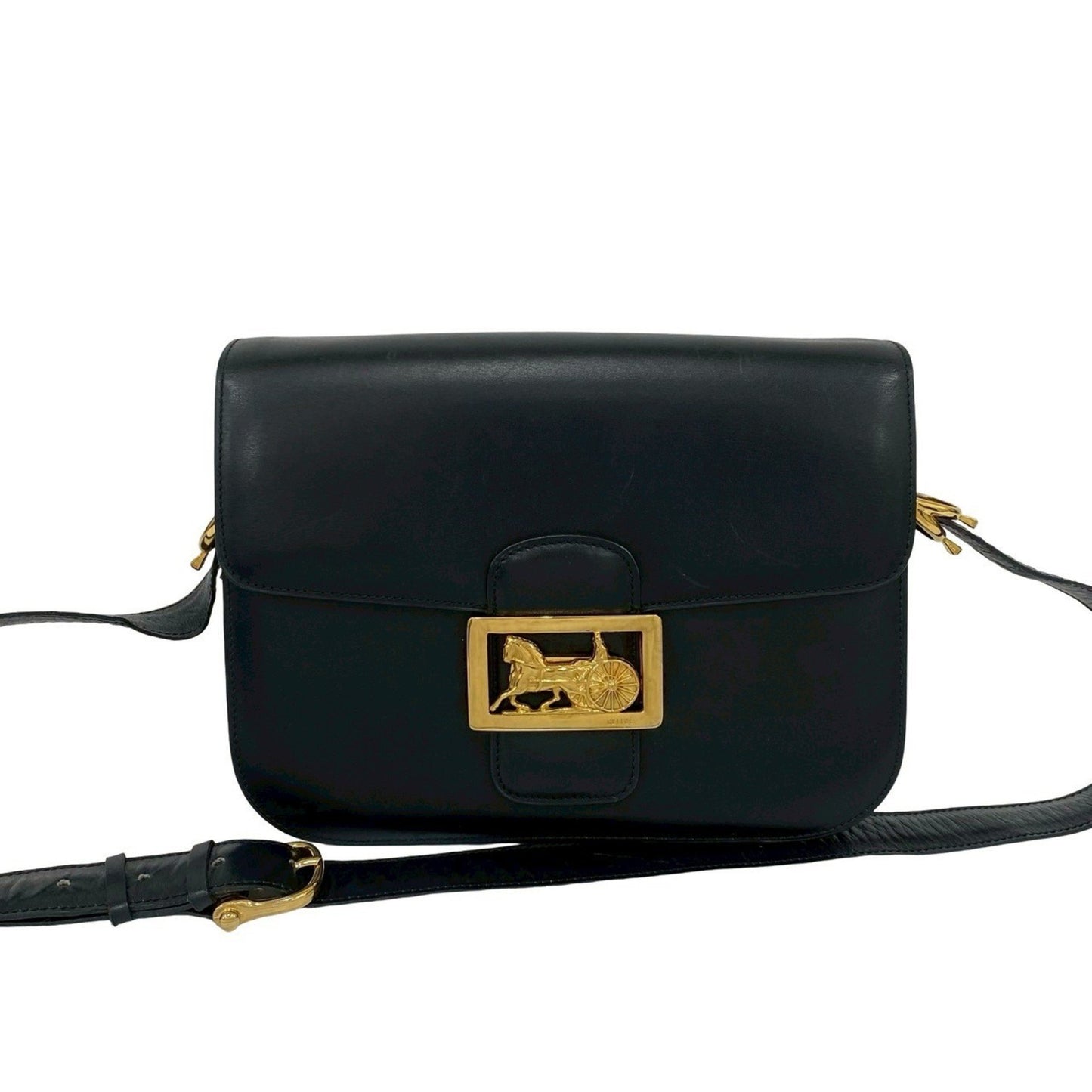 Celine Vintage Logo Horse-Drawn Carriage Hardware Calf Leather Shoulder Bag/Pochette/Sacoche Black