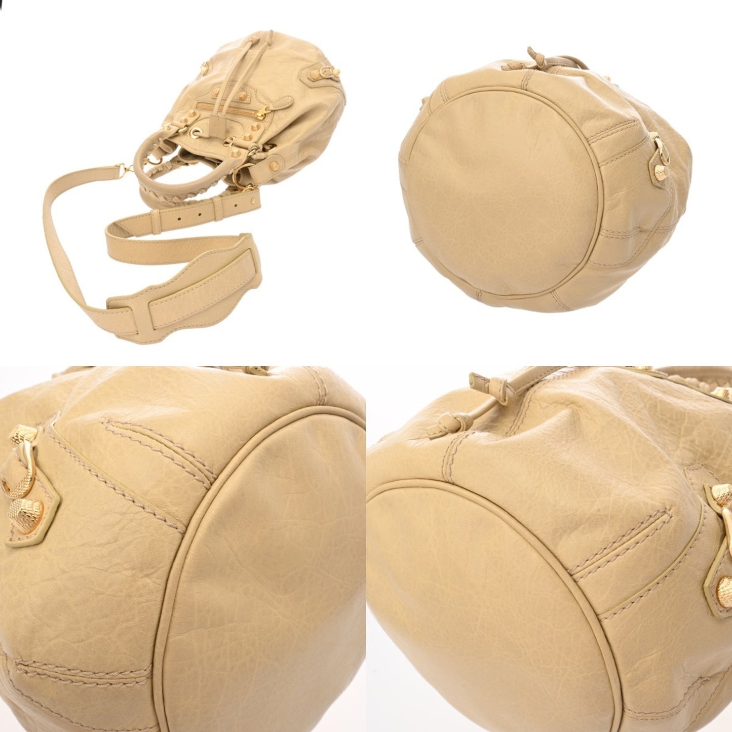 Balenciaga Giant Mini Pompon 2-Way Beige Leather Handbag With Gold Hardware