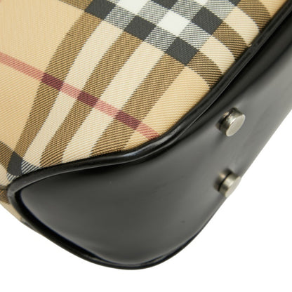 Burberry Nova Check Handbag Tote Bag Beige Black Leather
