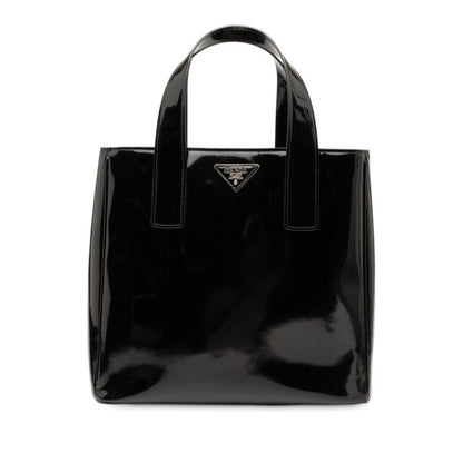 Prada Triangle Logo Plate Handbag Tote Bag Black Patent Leather