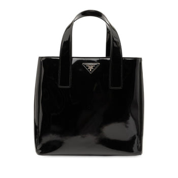 Prada Triangle Logo Plate Handbag Tote Bag Black Patent Leather