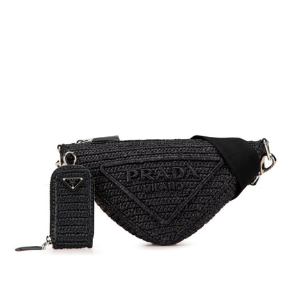 Prada Triangle Crochet Crossbody Shoulder Bag Black Raffia