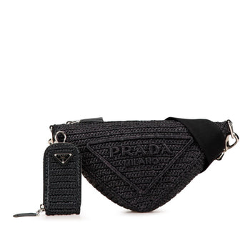 Prada Triangle Crochet Crossbody Shoulder Bag Black Raffia