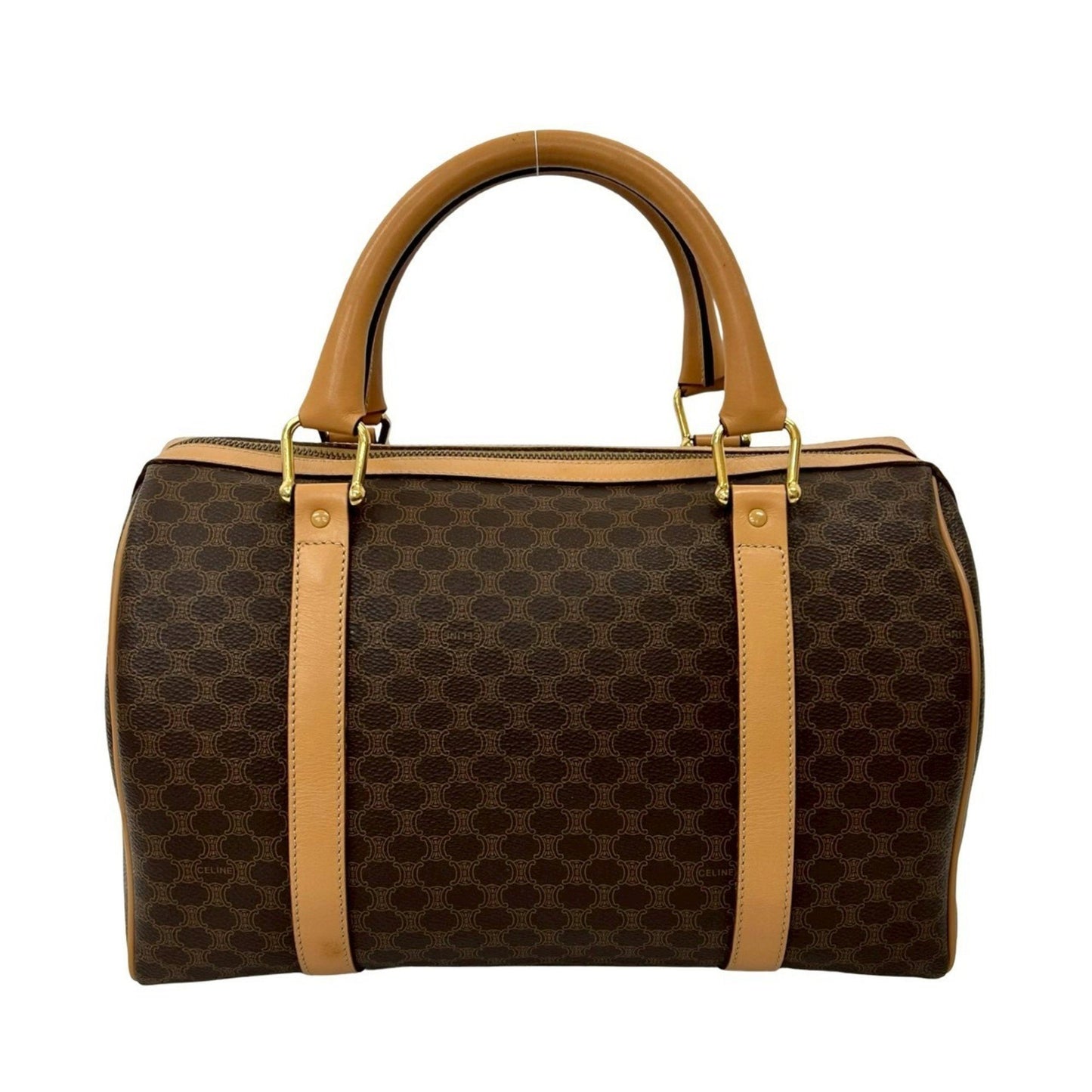 Nearly Unused Celine Macadam Pattern Triomphe Logo Leather Handbag/Mini Boston Bag In Brown