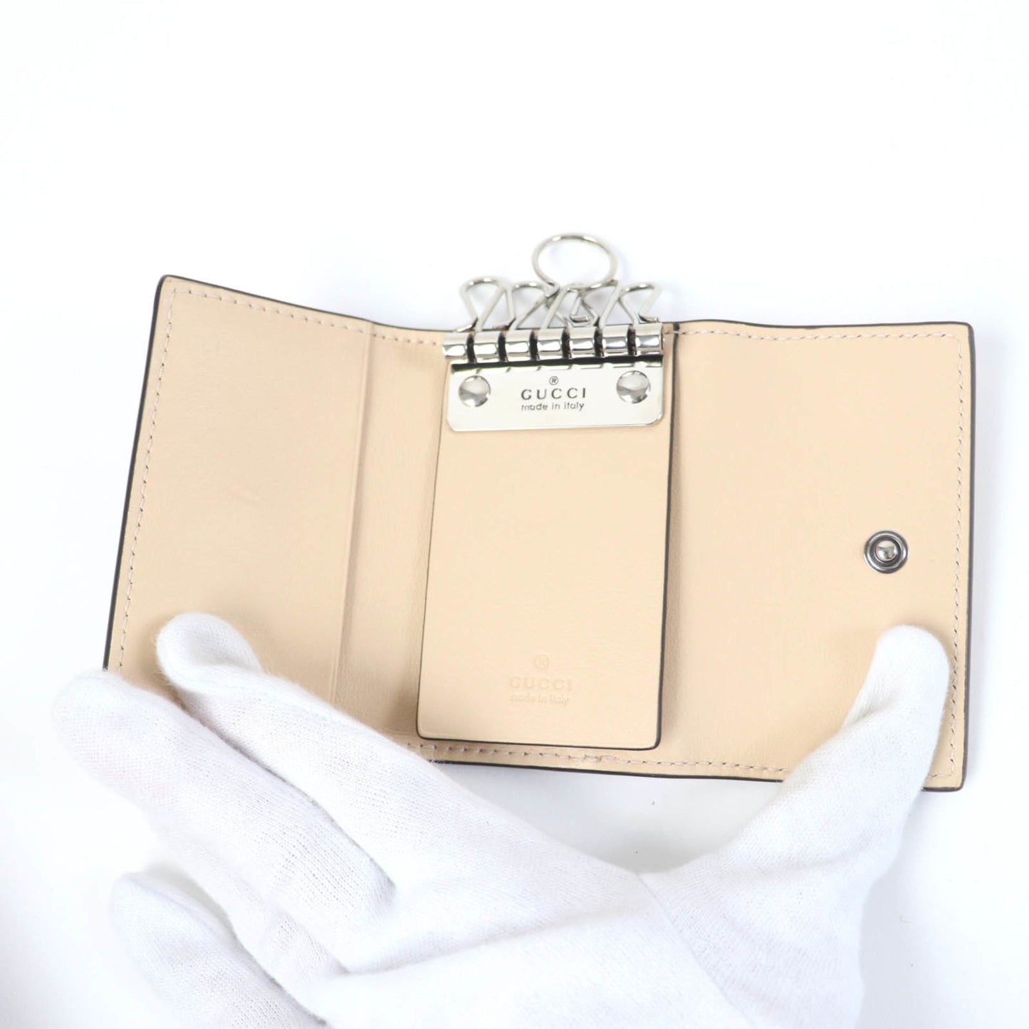 Gucci 795649 Double G Key Case In Beige Leather And Gg Supreme Canvas