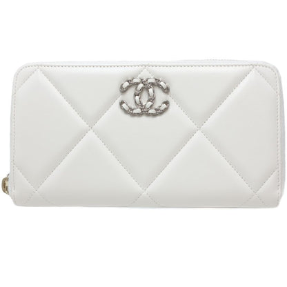 Chanel 19 Round Zipper Matelasse Cc Mark Ap1063 Long Wallet Leather White 083407