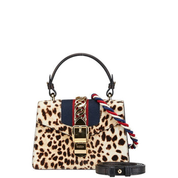 Gucci Sherry Line Sylvie Leopard Mini Handbag Shoulder Bag 470270 Beige Brown Pony Leather