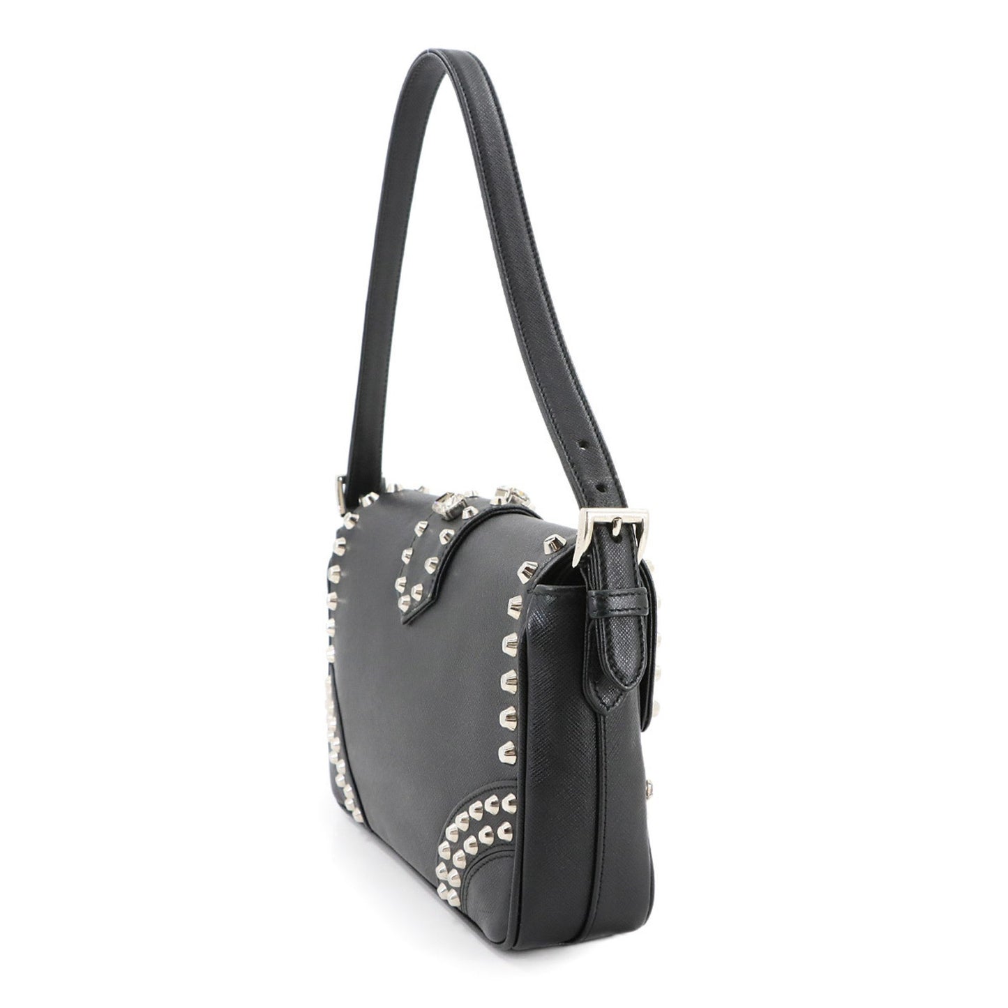 Prada Bejeweled Studded Shoulder Bag In Saffiano Leather (Black)