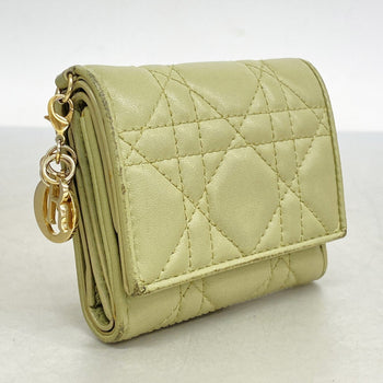 Christian Dior Tri-Fold Wallet Cannage Leather Green Champagne