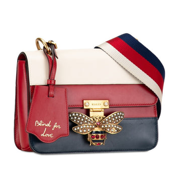Gucci Queen Margaret Bee Tricolor Shoulder Bag 476542 White Red Navy Leather