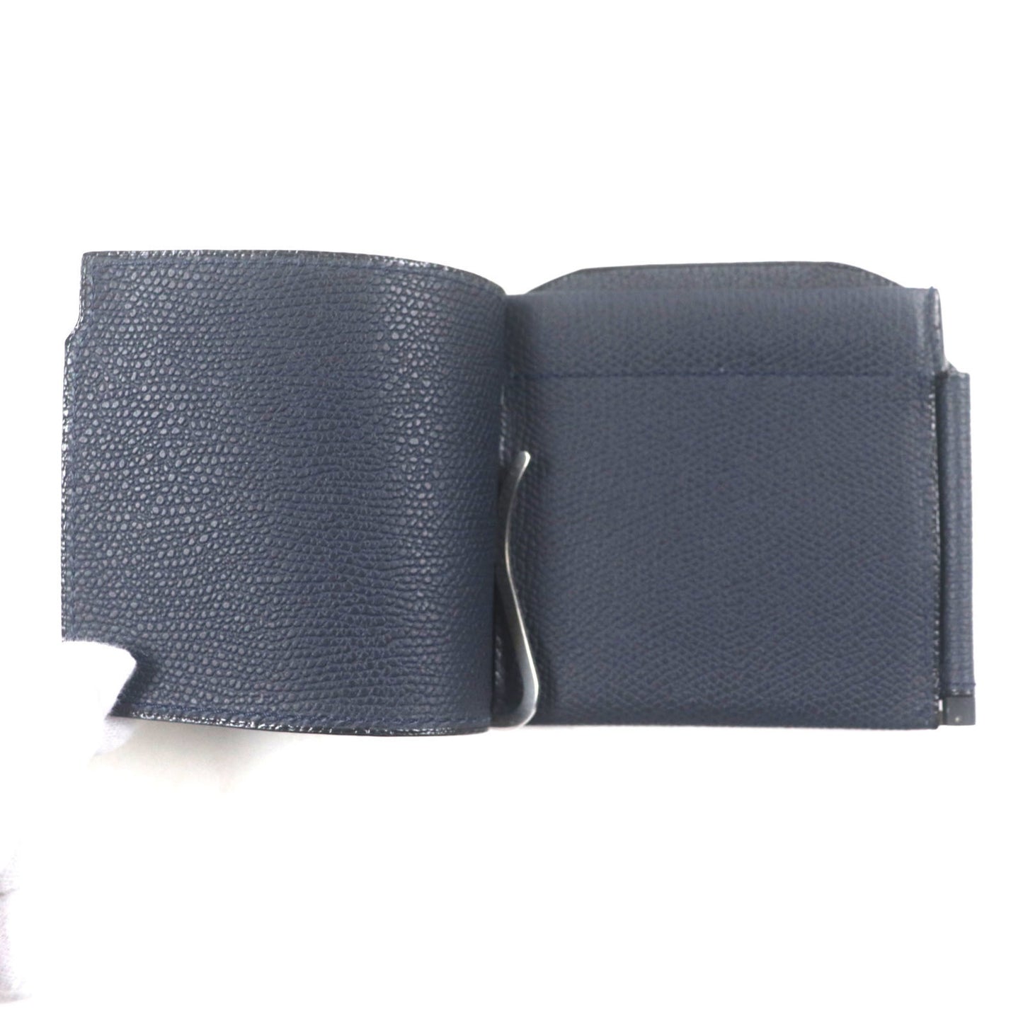 Valextra Double Money Clip Leather Wallet/Billfold In Dark Navy With Silver Hardware