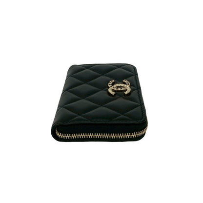 Unused Chanel Matelasse Coco Mark Rhinestone Lambskin Coin Case Wallet Black 21588