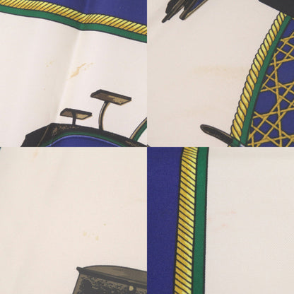 Herms Carr 90 "Les Voitures A Transformation" Folding Covered Wagon Silk Blue Scarf Muffler 0121