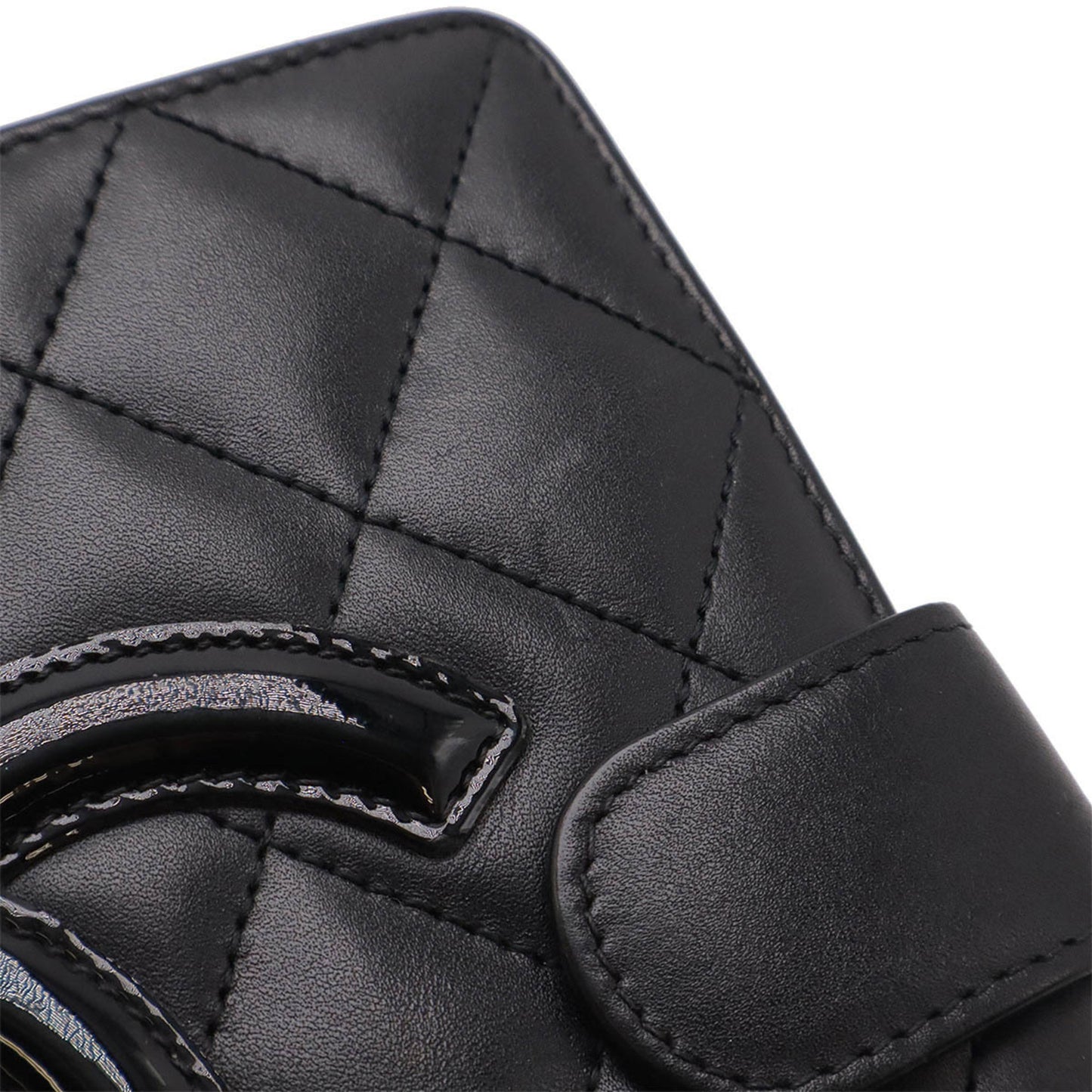 Chanel Cambon Line Coco Mark Bi-Fold Wallet Round Calf Leather Enamel Black Pink A50080