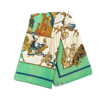 Hermes Herms Carr 90 "Le Temps Des Marionnettes" Marionette Time Scarf/Muffler In Green