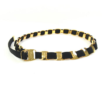 Salvatore Ferragamo Vara Belt In Black And Gold Fabric Metal