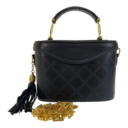 Versace Vintage Medusa Sunburst Black Gold Hardware Leather Shoulder Bag Vanity Handbag 2Way