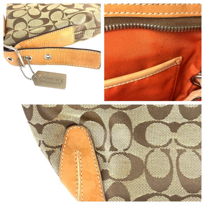 Coach Signature Beige Brown Silver Hardware Canvas Leather Hobo Shoulder Bag