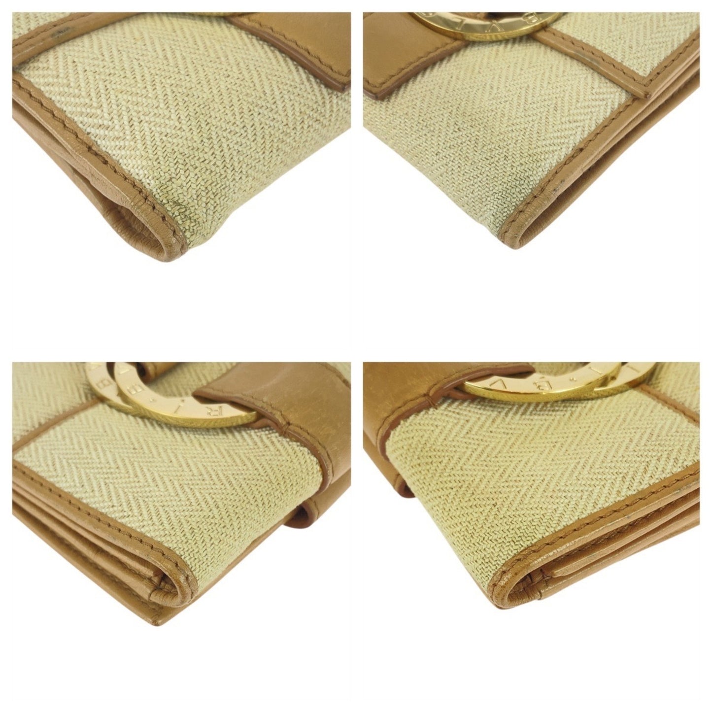 Bvlgari Chandra Beige Tweed/Leather Compact Folding Wallet (12661695) With Gold Hardware