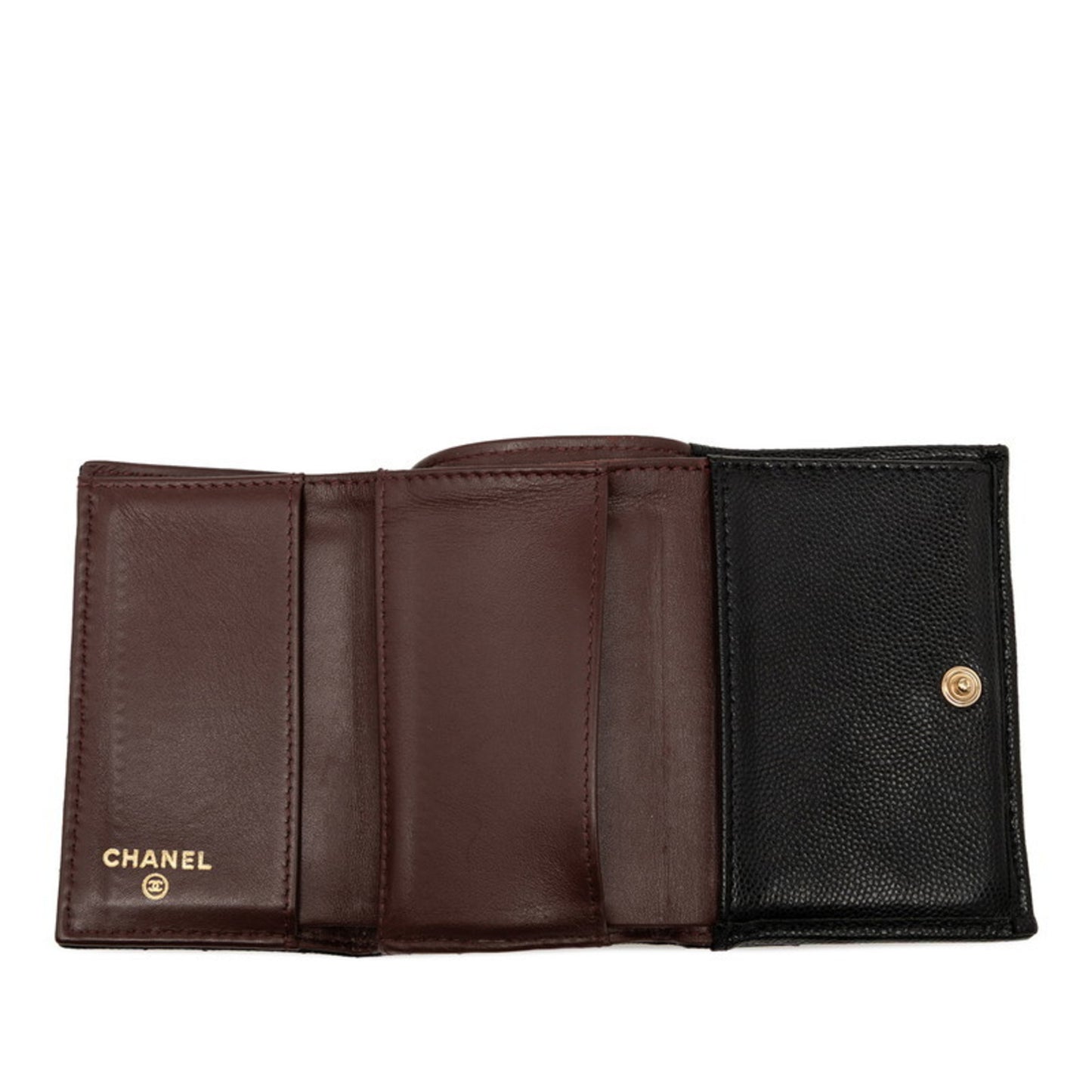 Chanel Matelasse Coco Mark Tri-Fold Wallet In Black With Gold Hardware And Caviar Leather