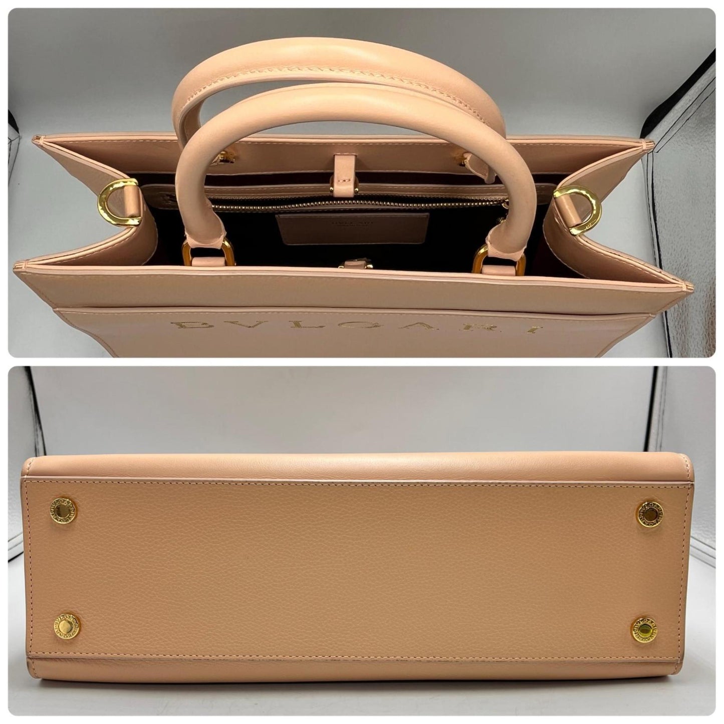 Bvlgari Tote Bag Logo 2-Way Shoulder Leather Pink Beige