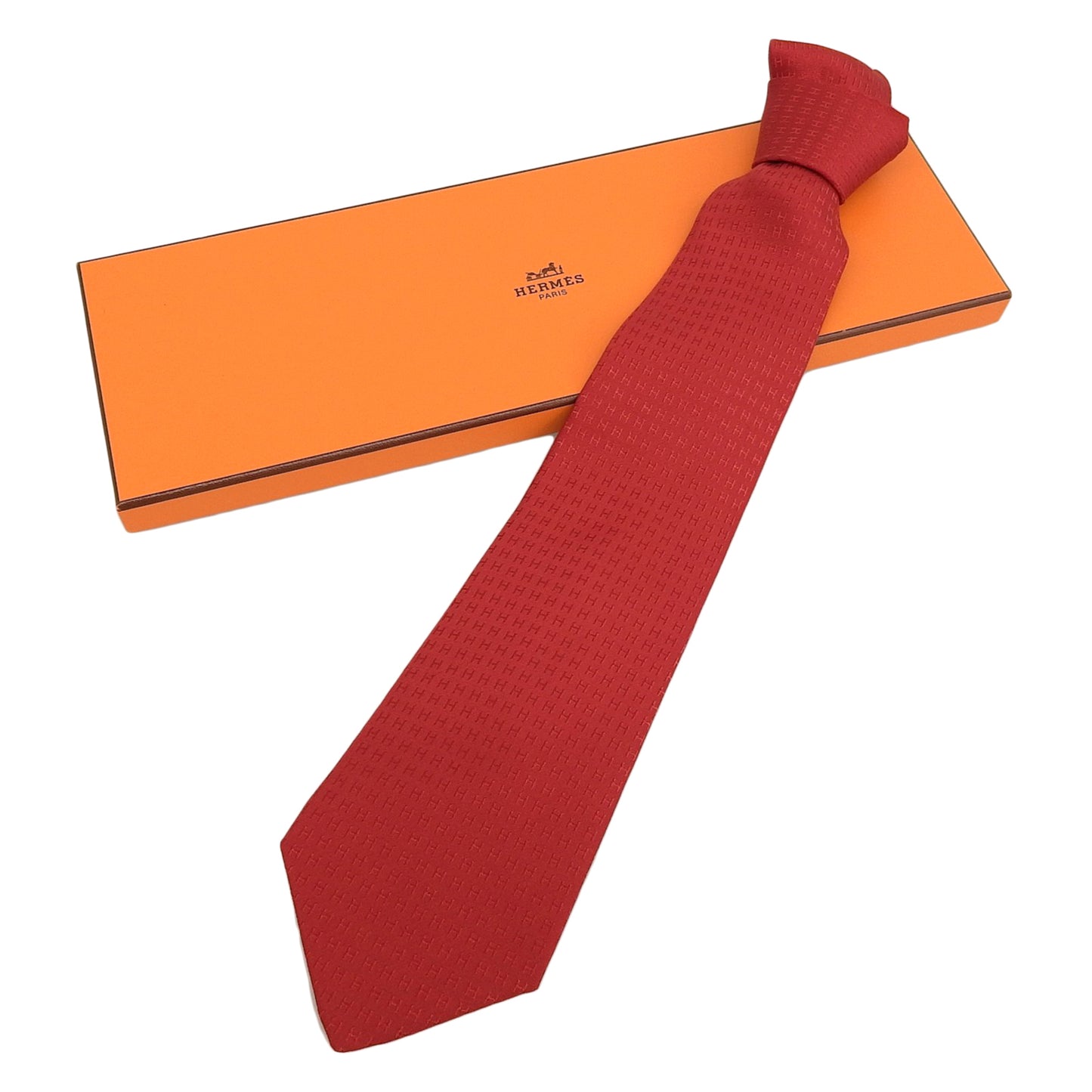 Hermes 038189T 100% Silk Rouge Cravat Fasonne H Motif Tie With Box