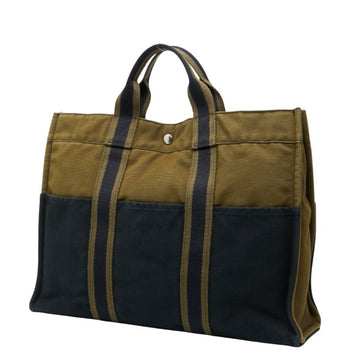 Hermes Foule Tote Mm Handbag Bag Black Khaki Canvas