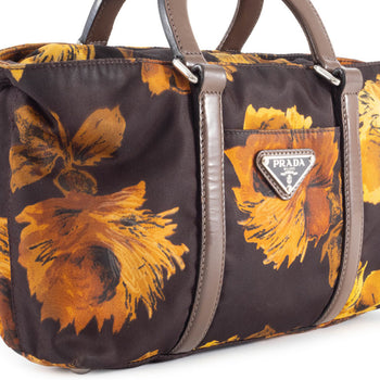 Prada Floral Print Shoulder Bag In Dark Brown