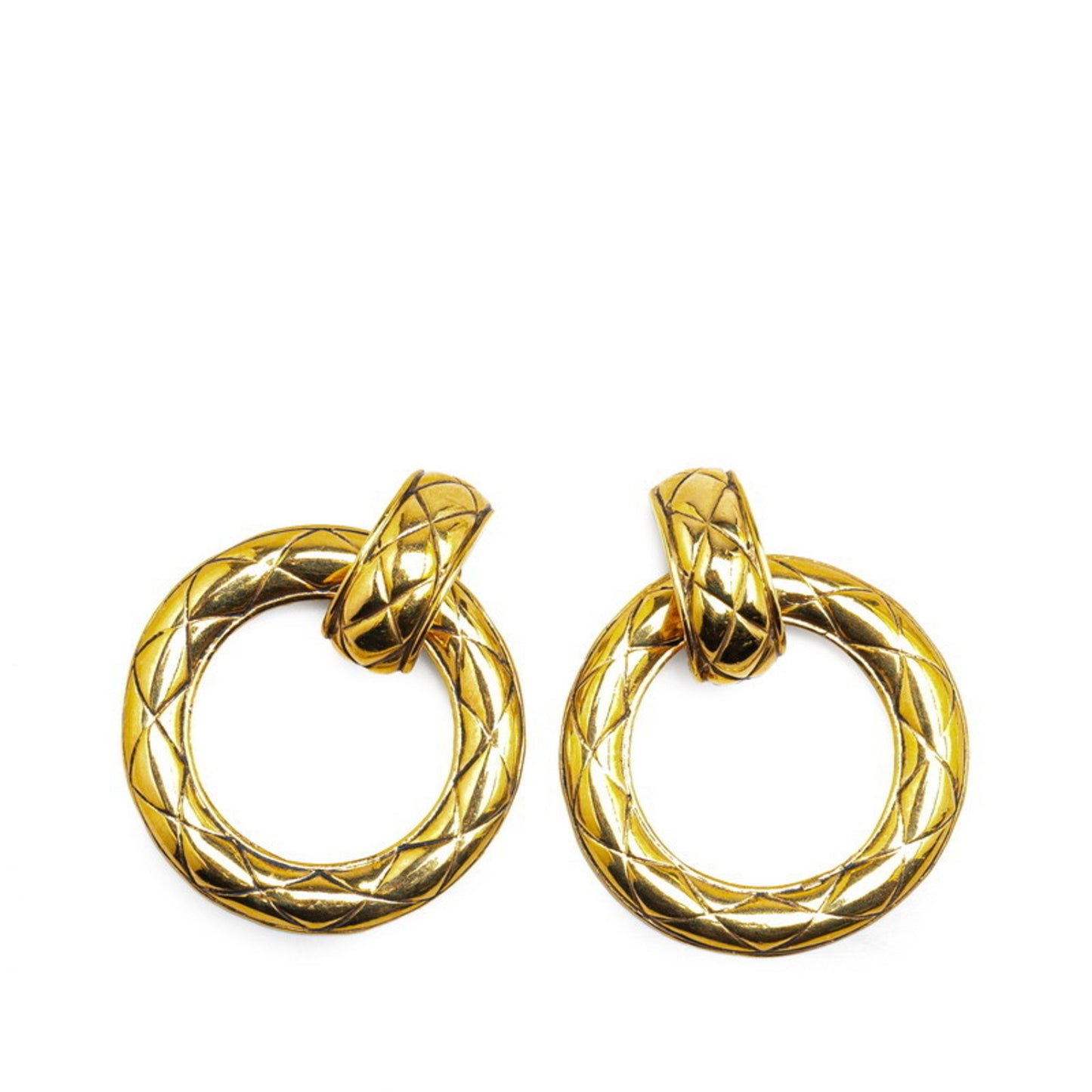 Chanel Matelasse Round Circle Swing Earrings Gold Plated