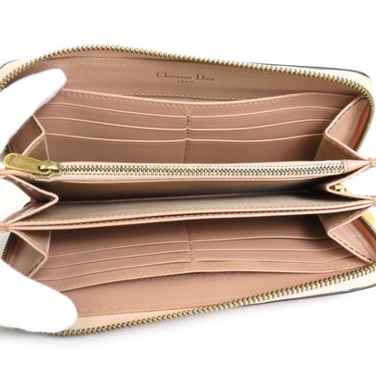 Christian Dior Round Zipper Long Wallet Leather Pink Beige