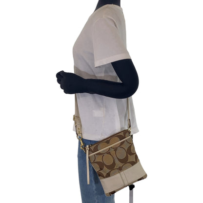 Coach Signature Beige White Gold Hardware Canvas Leather Shoulder Bag Pochette Crossbody