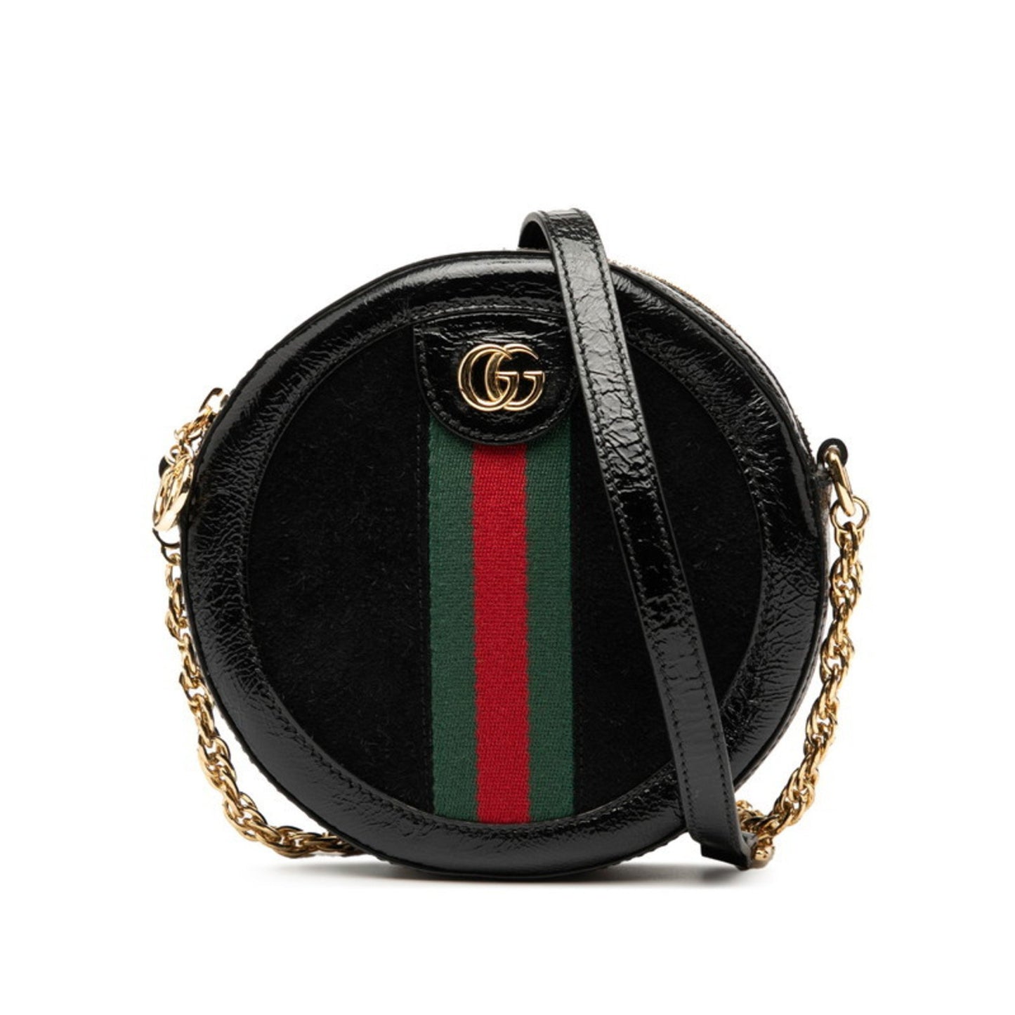Gucci Ophidia Gg Marmont Mini Round Chain Shoulder Bag 550618 In Black Patent Leather
