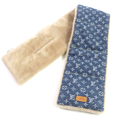 Louis Vuitton Nigo Echarpe Shearling Monogram Denim Leather Patch Reversible Scarf Blue/Beige With