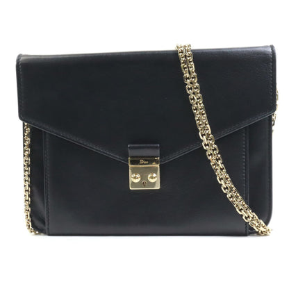 Christian Dior Chain Wallet Clutch Bag Leather Black