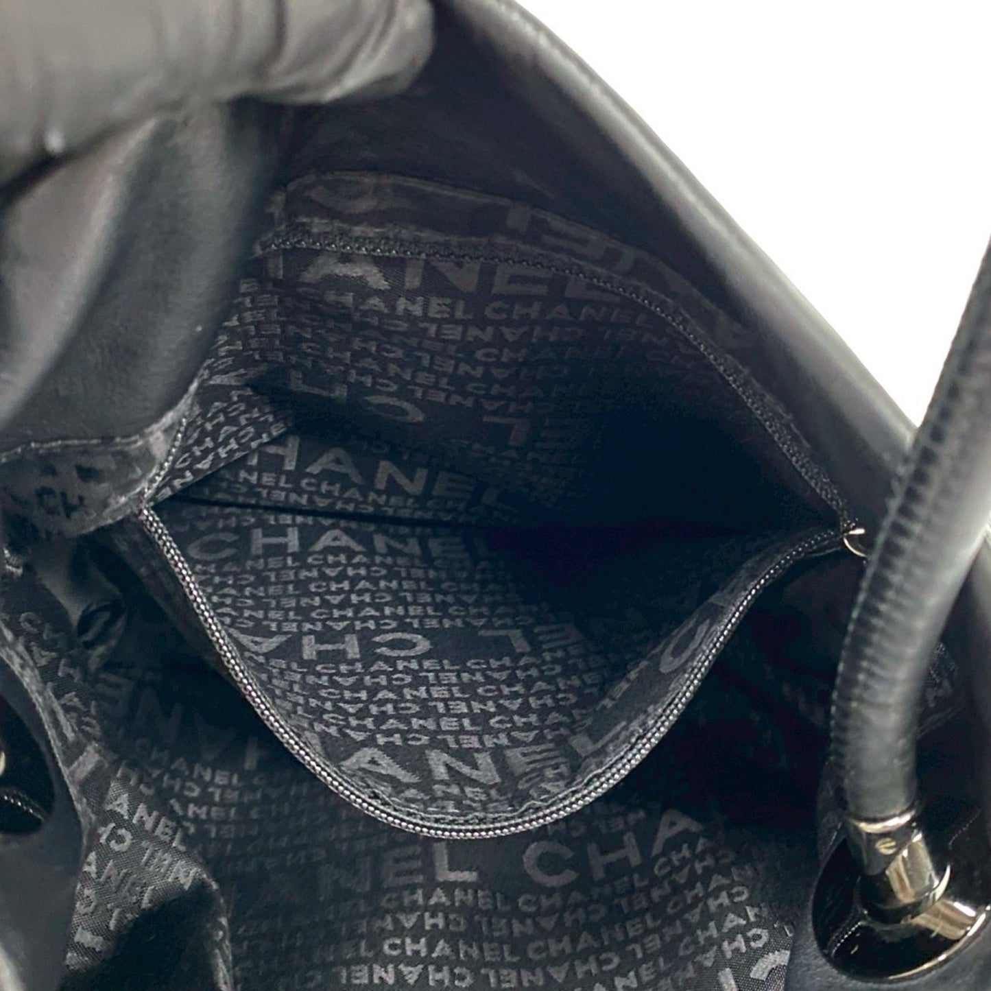 Chanel Camellia Logo Leather Tote Bag Handbag Black 29098