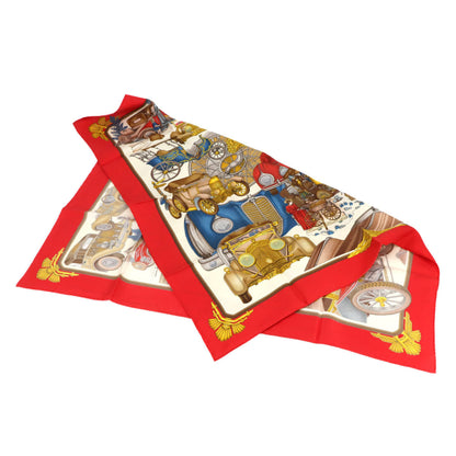 Hermes Herms Carre 90 Large Scarf "Automobile" 100% Silk Red Multicolor
