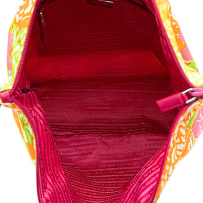 Prada Triangle Flower Motif Tote Bag Shoulder Pink Orange Multicolor Nylon Leather